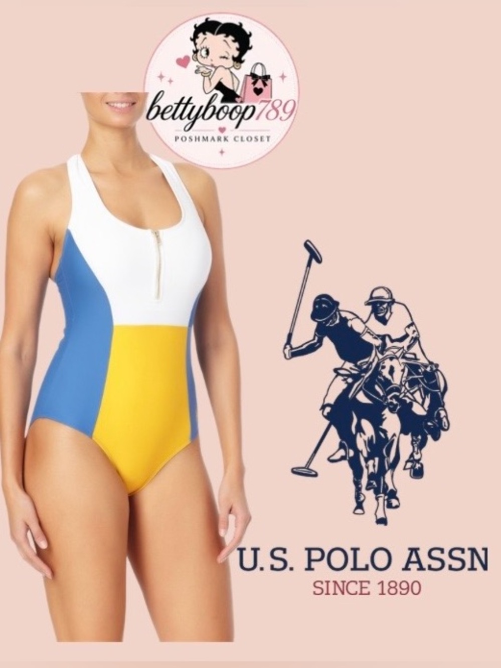 U.S. Polo Assn. White, Blue & Yellow Colorblock Zip-Front One-Piece - Picture 1 of 8